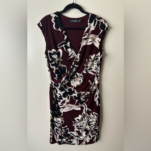 Lauren Ralph Lauren Sleeveless Burgundy Floral Faux Wrap Dress Lined Size 12